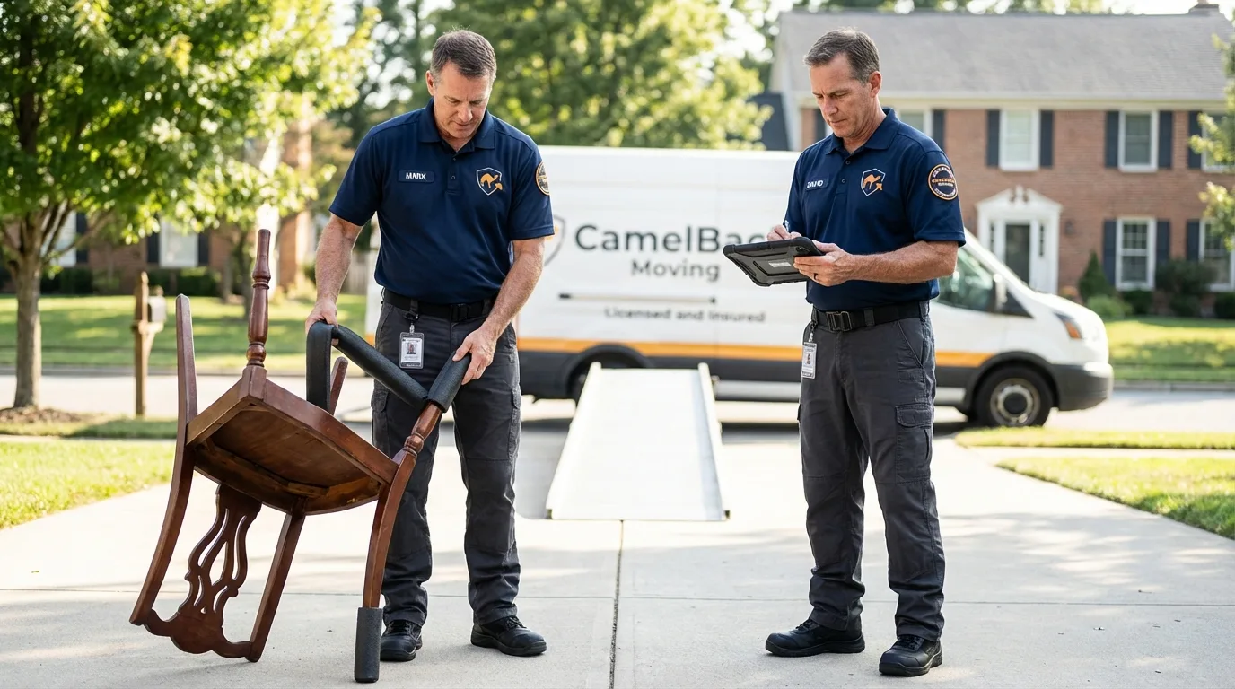Movers inspecting furniture for damage prevention before loading in Charlestown, MD