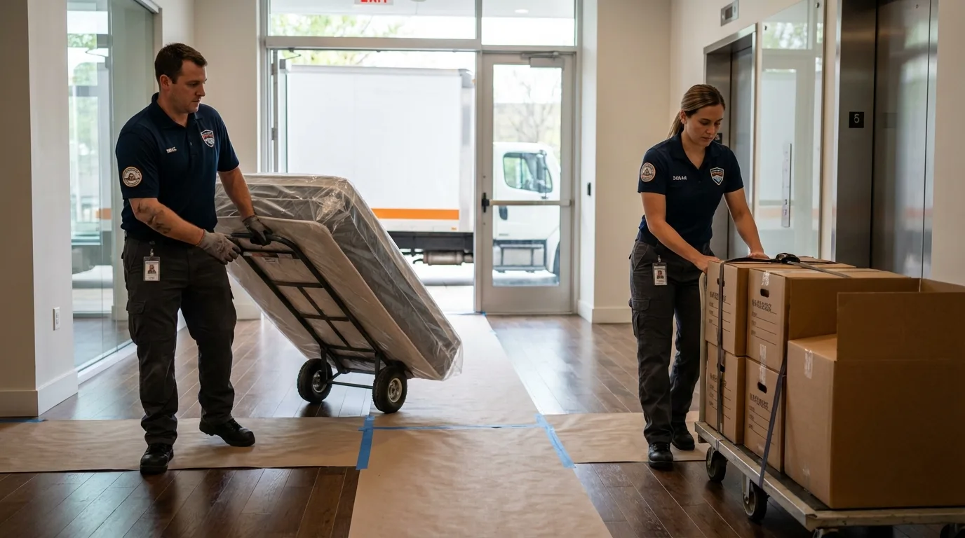Professional apartment movers loading elevator in Charlestown, MD